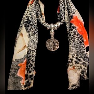 Vintage Orange Leopard Scarf Necklace Large Antique Silver Accents